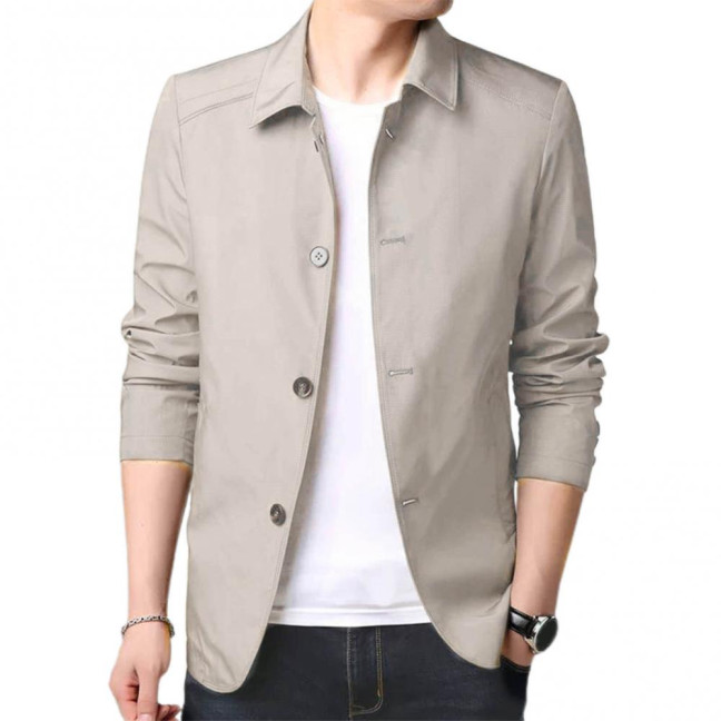 Fall Spring Men Coat Turn-down Collar Solid Color Long Sleeve Single-breasted Cardigan Smooth Formal Business Style Men Mid Length Jacket 