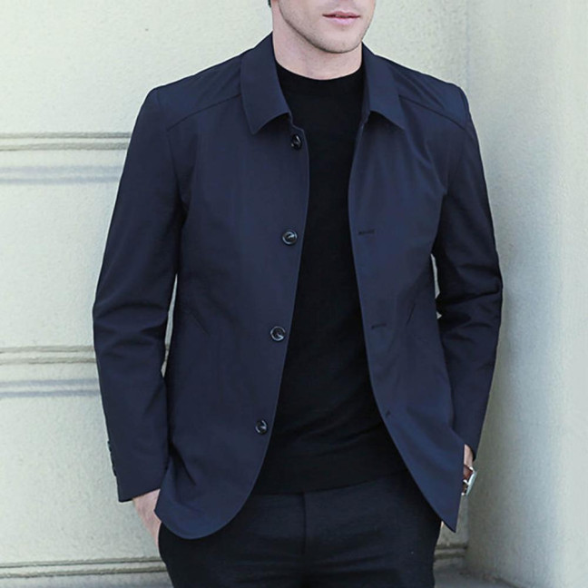 Fall Spring Men Coat Turn-down Collar Solid Color Long Sleeve Single-breasted Cardigan Smooth Formal Business Style Men Mid Length Jacket 