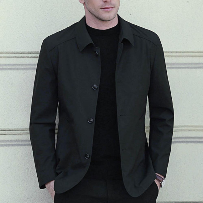 Fall Spring Men Coat Turn-down Collar Solid Color Long Sleeve Single-breasted Cardigan Smooth Formal Business Style Men Mid Length Jacket 