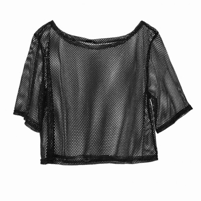 Women Fishnet T-Shirt Hollow Out Solid Color Loose Round Neck Three Quarter Sleeve Pullover See-through Nightclub Party Dance Top Women Fishnet T-Shirt Hollow Out Solid Color Loose Round Neck Three Quarter Sleeve Pullover See-through Nightclub Party Dance Top