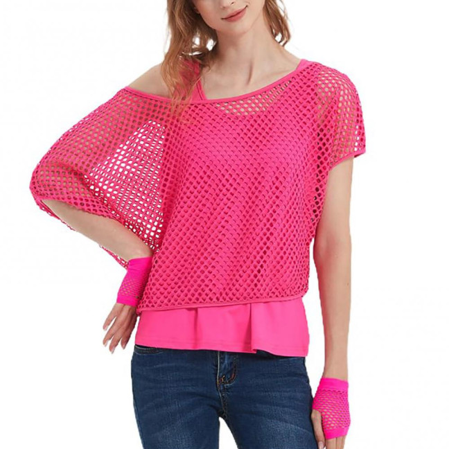 2Pcs/Set Women Mesh Top Vest Set Bright Color O-Neck Short Sleeve Mesh Cropped Tops Racerback Pullover Vest Set 2Pcs/Set Women Mesh Top Vest Set Bright Color O-Neck Short Sleeve Mesh Cropped Tops Racerback Pullover Vest Set