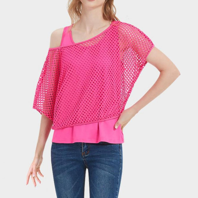 2Pcs/Set Women Mesh Top Vest Set Bright Color O-Neck Short Sleeve Mesh Cropped Tops Racerback Pullover Vest Set 2Pcs/Set Women Mesh Top Vest Set Bright Color O-Neck Short Sleeve Mesh Cropped Tops Racerback Pullover Vest Set