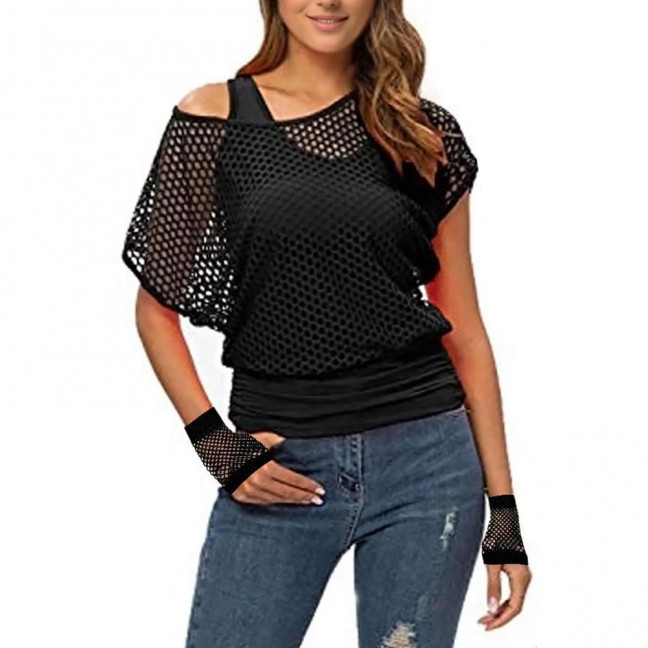 2Pcs/Set Women Mesh Top Vest Set Bright Color O-Neck Short Sleeve Mesh Cropped Tops Racerback Pullover Vest Set 2Pcs/Set Women Mesh Top Vest Set Bright Color O-Neck Short Sleeve Mesh Cropped Tops Racerback Pullover Vest Set