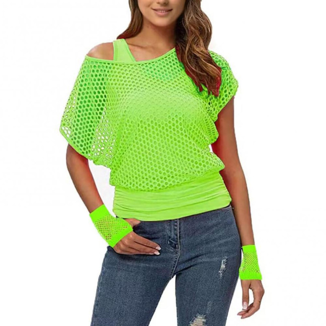 2Pcs/Set Women Mesh Top Vest Set Bright Color O-Neck Short Sleeve Mesh Cropped Tops Racerback Pullover Vest Set 2Pcs/Set Women Mesh Top Vest Set Bright Color O-Neck Short Sleeve Mesh Cropped Tops Racerback Pullover Vest Set