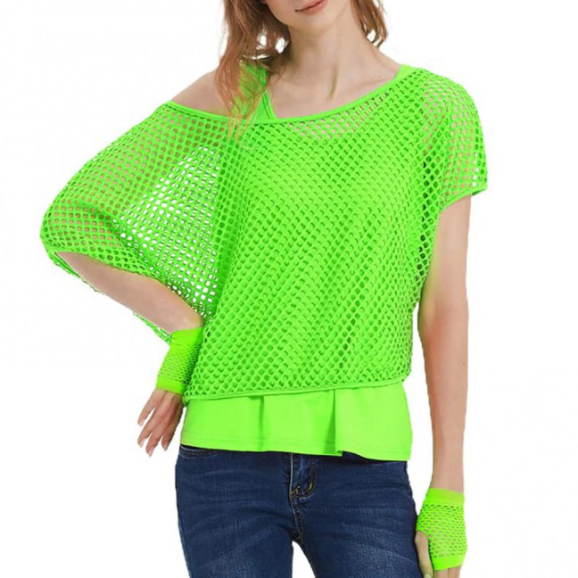 2Pcs/Set Women Mesh Top Vest Set Bright Color O-Neck Short Sleeve Mesh Cropped Tops Racerback Pullover Vest Set 2Pcs/Set Women Mesh Top Vest Set Bright Color O-Neck Short Sleeve Mesh Cropped Tops Racerback Pullover Vest Set