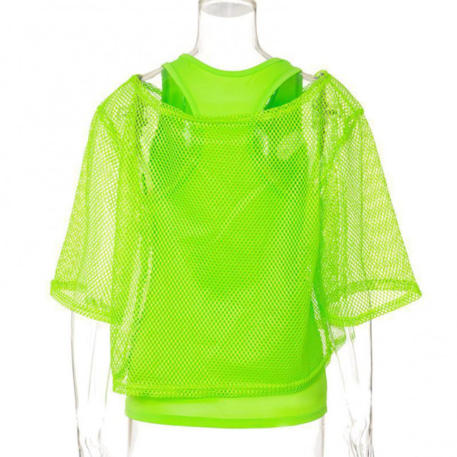 2Pcs/Set Women Mesh Top Vest Set Bright Color O-Neck Short Sleeve Mesh Cropped Tops Racerback Pullover Vest Set 2Pcs/Set Women Mesh Top Vest Set Bright Color O-Neck Short Sleeve Mesh Cropped Tops Racerback Pullover Vest Set