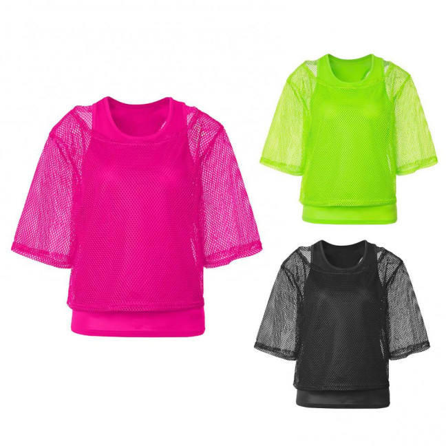 2Pcs/Set Women Mesh Top Vest Set Bright Color O-Neck Short Sleeve Mesh Cropped Tops Racerback Pullover Vest Set 2Pcs/Set Women Mesh Top Vest Set Bright Color O-Neck Short Sleeve Mesh Cropped Tops Racerback Pullover Vest Set