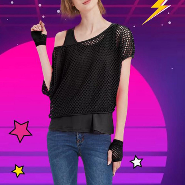 2Pcs/Set Women Mesh Top Vest Set Bright Color O-Neck Short Sleeve Mesh Cropped Tops Racerback Pullover Vest Set 2Pcs/Set Women Mesh Top Vest Set Bright Color O-Neck Short Sleeve Mesh Cropped Tops Racerback Pullover Vest Set