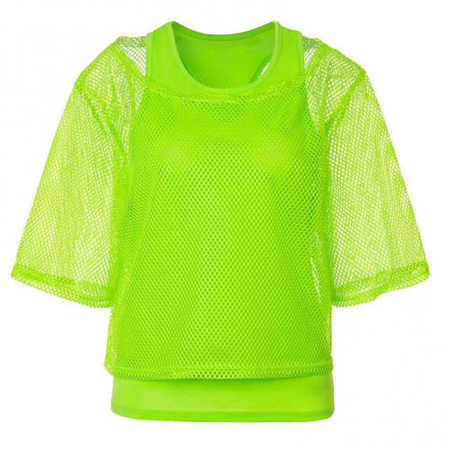 2Pcs/Set Women Mesh Top Vest Set Bright Color O-Neck Short Sleeve Mesh Cropped Tops Racerback Pullover Vest Set 2Pcs/Set Women Mesh Top Vest Set Bright Color O-Neck Short Sleeve Mesh Cropped Tops Racerback Pullover Vest Set