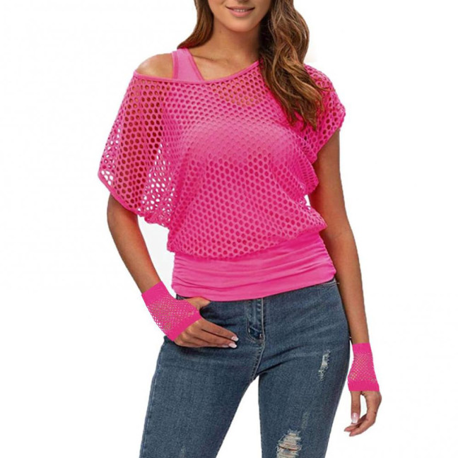 2Pcs/Set Women Mesh Top Vest Set Bright Color O-Neck Short Sleeve Mesh Cropped Tops Racerback Pullover Vest Set 2Pcs/Set Women Mesh Top Vest Set Bright Color O-Neck Short Sleeve Mesh Cropped Tops Racerback Pullover Vest Set