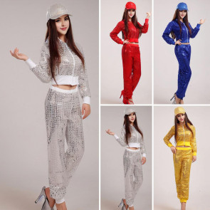 2 Pcs/Set Adult Performance Suit Unisex Shiny Sequin Coat Pants Set Hooded Zipper Elastic Waist Long Sleeves Cheerleader Hip Hop Jazz Modern Dance Stage Show Costume