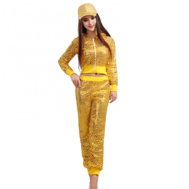 2 Pcs/Set Adult Performance Suit Unisex Shiny Sequin Coat Pants Set Hooded Zipper Elastic Waist Long Sleeves Cheerleader Hip Hop Jazz Modern Dance Stage Show Costume 2 Pcs/Set Adult Performance Suit Unisex Shiny Sequin Coat Pants Set Hooded Zipper Elastic Waist Long Sleeves Cheerleader Hip Hop Jazz Modern Dance Stage Show Costume