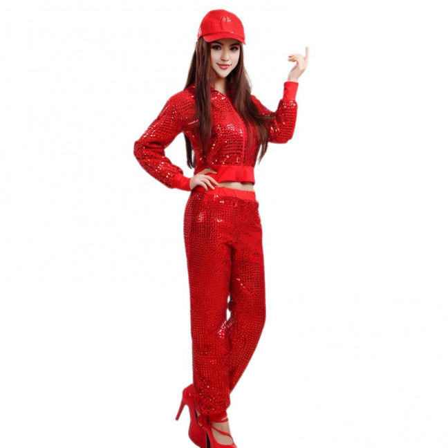 2 Pcs/Set Adult Performance Suit Unisex Shiny Sequin Coat Pants Set Hooded Zipper Elastic Waist Long Sleeves Cheerleader Hip Hop Jazz Modern Dance Stage Show Costume 2 Pcs/Set Adult Performance Suit Unisex Shiny Sequin Coat Pants Set Hooded Zipper Elastic Waist Long Sleeves Cheerleader Hip Hop Jazz Modern Dance Stage Show Costume