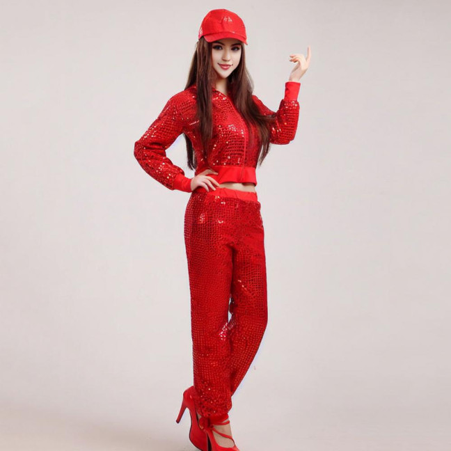 2 Pcs/Set Adult Performance Suit Unisex Shiny Sequin Coat Pants Set Hooded Zipper Elastic Waist Long Sleeves Cheerleader Hip Hop Jazz Modern Dance Stage Show Costume 2 Pcs/Set Adult Performance Suit Unisex Shiny Sequin Coat Pants Set Hooded Zipper Elastic Waist Long Sleeves Cheerleader Hip Hop Jazz Modern Dance Stage Show Costume