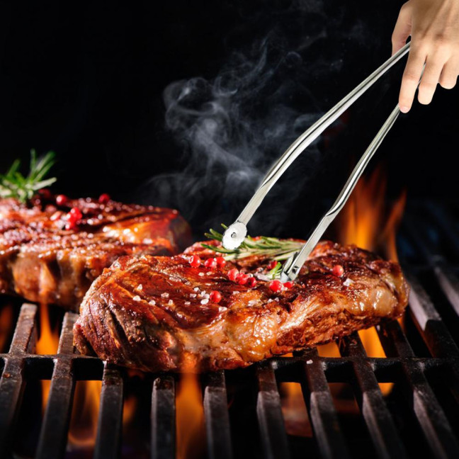 BBQ Tongs Stainless Steel Sausage Turning Grill Tongs for Bacon Steak Meat Vegetables Long Handle BBQ Grill Flipping Tongs Food-Grade Kitchen Cooking Tongs