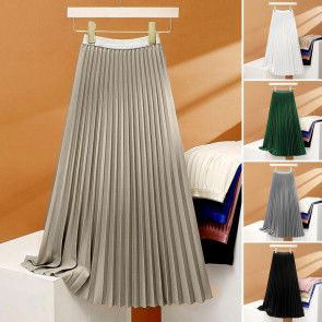 Women Maxi Skirt Elastic High Waist Pleated Skirt Solid Color Smooth Satin A-Line Skirt Work Leisure Wear