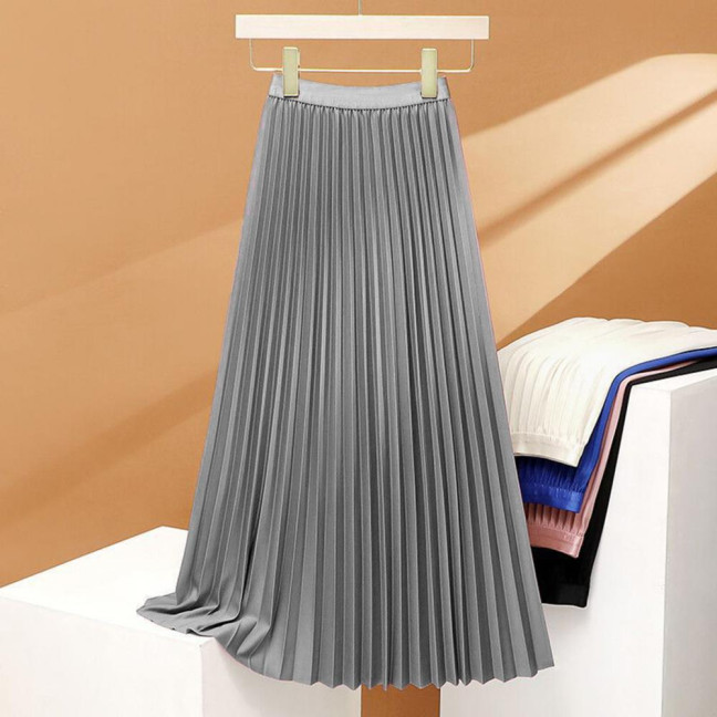 Women Maxi Skirt Elastic High Waist Pleated Skirt Solid Color Smooth Satin A-Line Skirt Work Leisure Wear