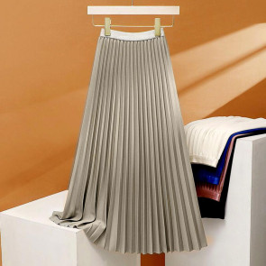Women Maxi Skirt Elastic High Waist Pleated Skirt Solid Color Smooth Satin A-Line Skirt Work Leisure Wear