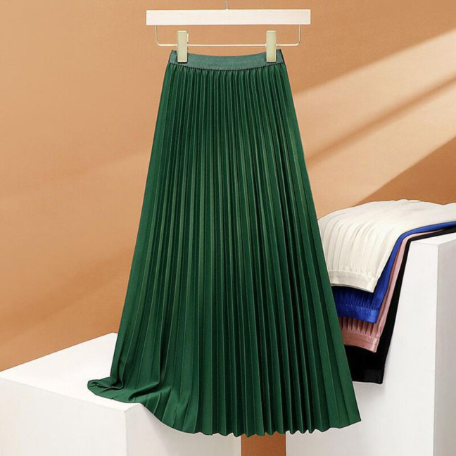 Women Maxi Skirt Elastic High Waist Pleated Skirt Solid Color Smooth Satin A-Line Skirt Work Leisure Wear