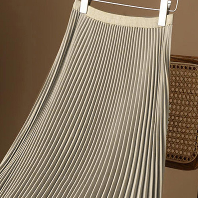 Women Maxi Skirt Elastic High Waist Pleated Skirt Solid Color Smooth Satin A-Line Skirt Work Leisure Wear