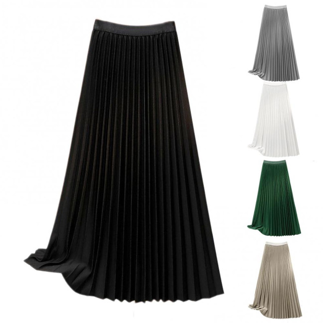 Women Maxi Skirt Elastic High Waist Pleated Skirt Solid Color Smooth Satin A-Line Skirt Work Leisure Wear