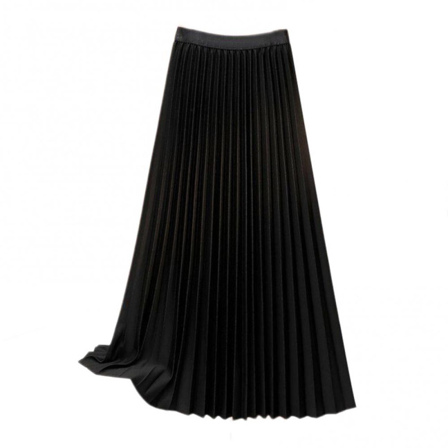 Women Maxi Skirt Elastic High Waist Pleated Skirt Solid Color Smooth Satin A-Line Skirt Work Leisure Wear