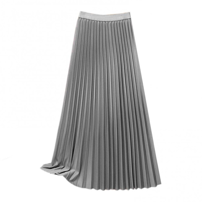 Women Maxi Skirt Elastic High Waist Pleated Skirt Solid Color Smooth Satin A-Line Skirt Work Leisure Wear