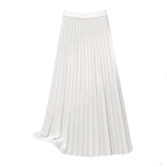 Women Maxi Skirt Elastic High Waist Pleated Skirt Solid Color Smooth Satin A-Line Skirt Work Leisure Wear