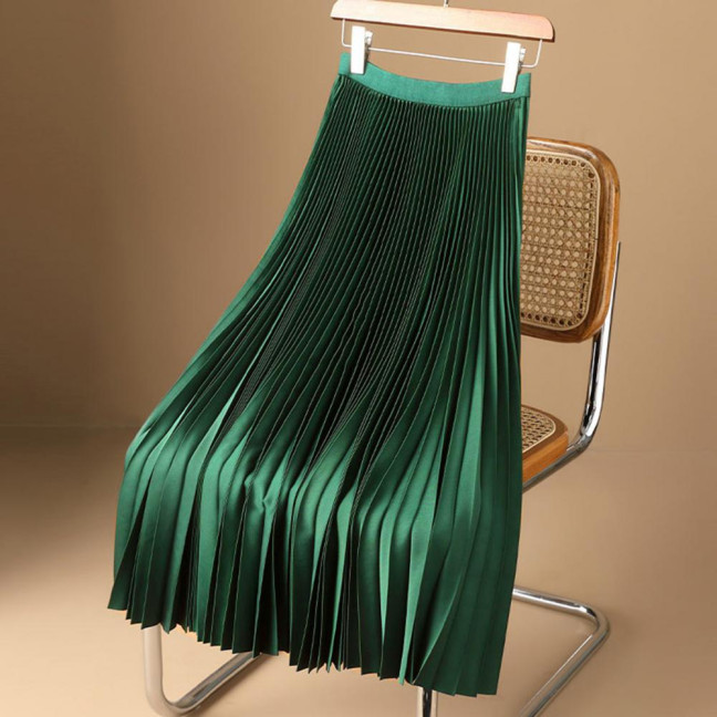 Women Maxi Skirt Elastic High Waist Pleated Skirt Solid Color Smooth Satin A-Line Skirt Work Leisure Wear