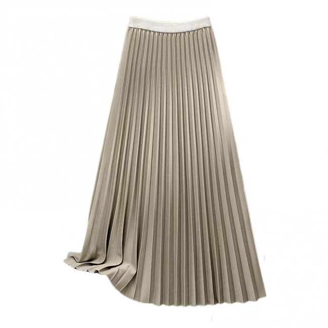 Women Maxi Skirt Elastic High Waist Pleated Skirt Solid Color Smooth Satin A-Line Skirt Work Leisure Wear