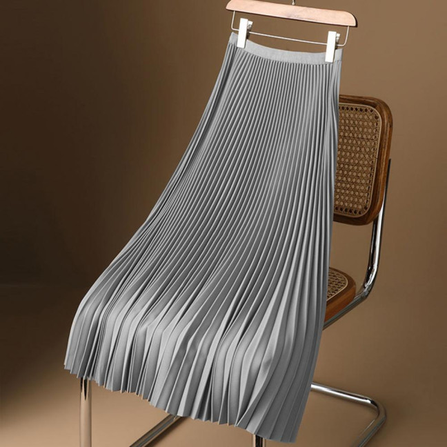 Women Maxi Skirt Elastic High Waist Pleated Skirt Solid Color Smooth Satin A-Line Skirt Work Leisure Wear