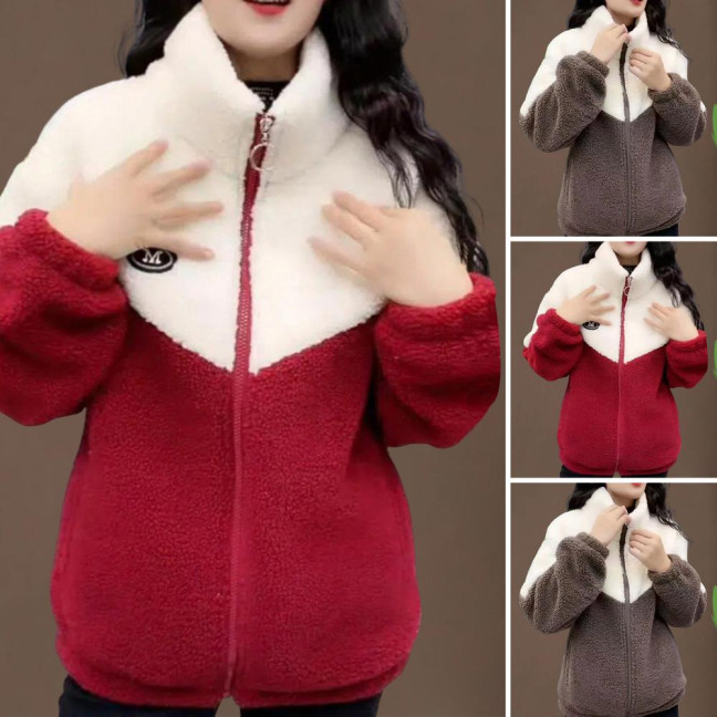 Women Winter Coat Stand Collar Zipper Closure Colorblock Plus Size Thick Plush Extra Warmth Long Sleeves Pockets Cardigan Outdoor Jacket 