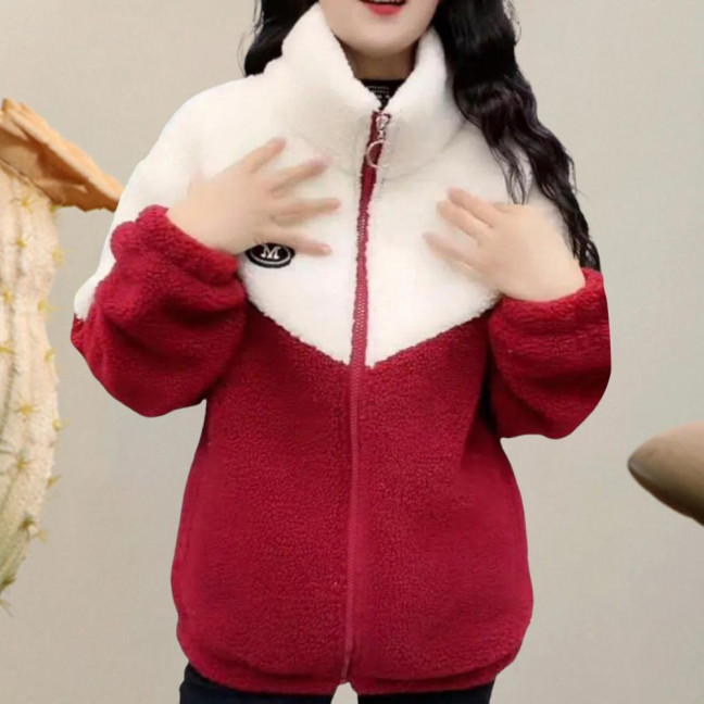 Women Winter Coat Stand Collar Zipper Closure Colorblock Plus Size Thick Plush Extra Warmth Long Sleeves Pockets Cardigan Outdoor Jacket 