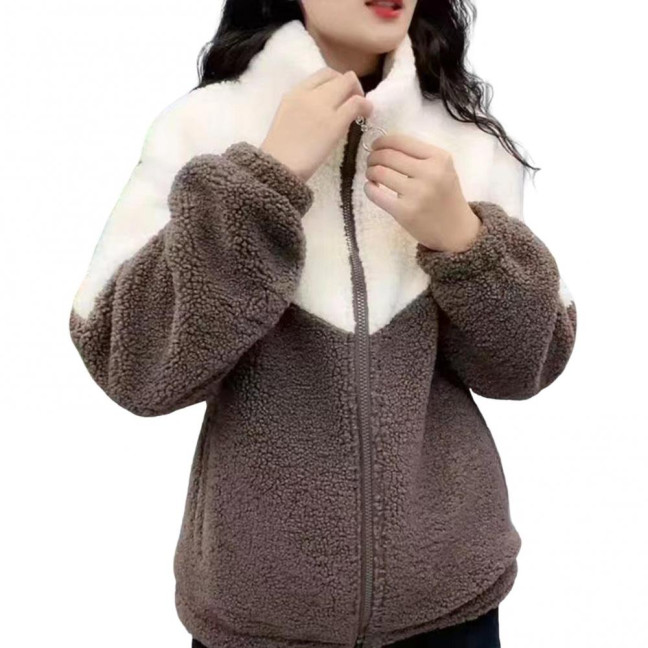 Women Winter Coat Stand Collar Zipper Closure Colorblock Plus Size Thick Plush Extra Warmth Long Sleeves Pockets Cardigan Outdoor Jacket 