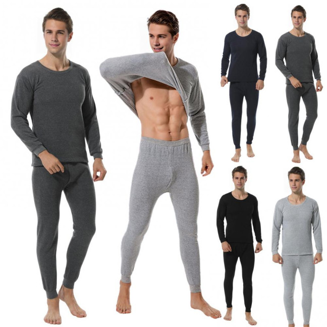 2Pcs/Set Men Warm Lounge Set O-Neck Long Sleeve Plush Lining Tops Elastic Waist Long Pants Set Solid Color Pajamas Set