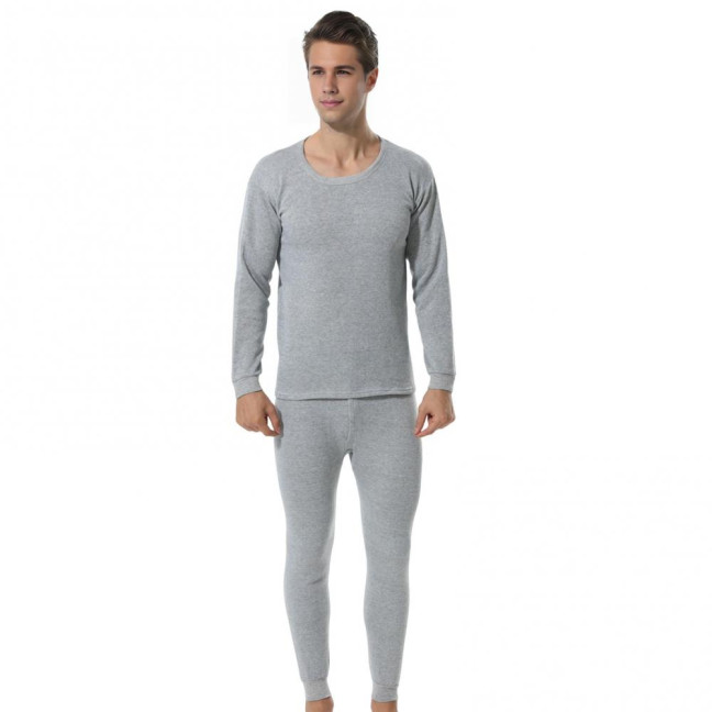 2Pcs/Set Men Warm Lounge Set O-Neck Long Sleeve Plush Lining Tops Elastic Waist Long Pants Set Solid Color Pajamas Set