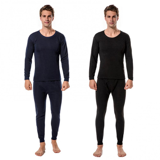 2Pcs/Set Men Warm Lounge Set O-Neck Long Sleeve Plush Lining Tops Elastic Waist Long Pants Set Solid Color Pajamas Set