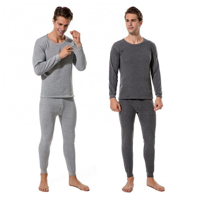 2Pcs/Set Men Warm Lounge Set O-Neck Long Sleeve Plush Lining Tops Elastic Waist Long Pants Set Solid Color Pajamas Set