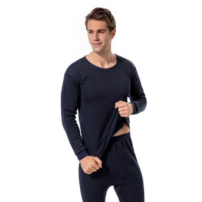 2Pcs/Set Men Warm Lounge Set O-Neck Long Sleeve Plush Lining Tops Elastic Waist Long Pants Set Solid Color Pajamas Set