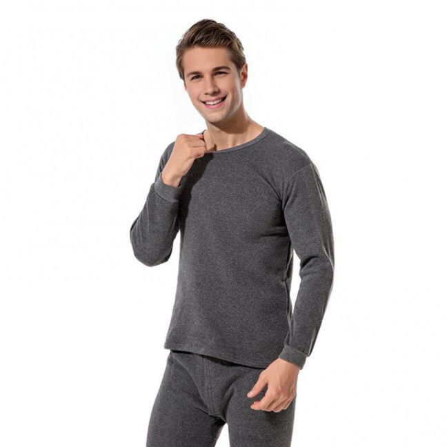 2Pcs/Set Men Warm Lounge Set O-Neck Long Sleeve Plush Lining Tops Elastic Waist Long Pants Set Solid Color Pajamas Set