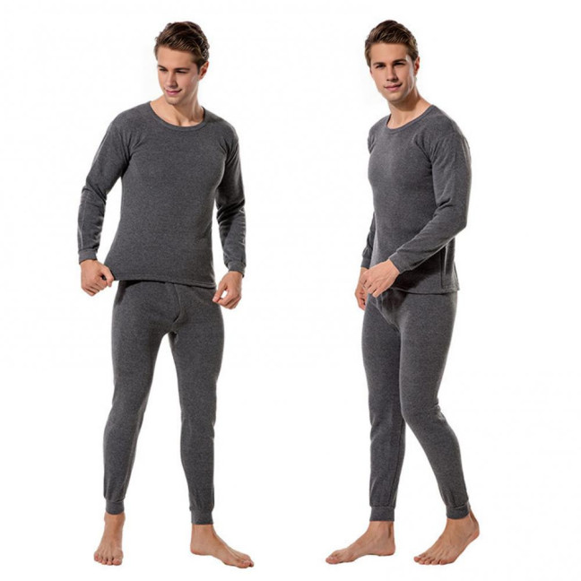 2Pcs/Set Men Warm Lounge Set O-Neck Long Sleeve Plush Lining Tops Elastic Waist Long Pants Set Solid Color Pajamas Set