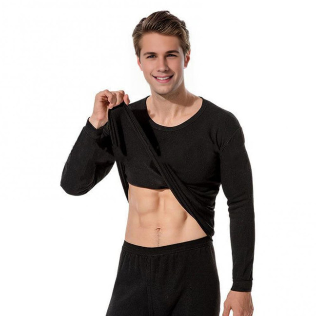 2Pcs/Set Men Warm Lounge Set O-Neck Long Sleeve Plush Lining Tops Elastic Waist Long Pants Set Solid Color Pajamas Set