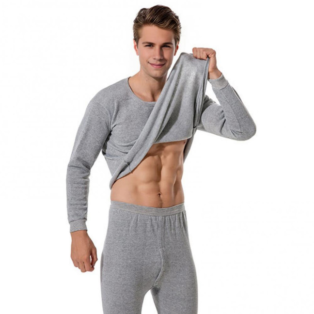 2Pcs/Set Men Warm Lounge Set O-Neck Long Sleeve Plush Lining Tops Elastic Waist Long Pants Set Solid Color Pajamas Set