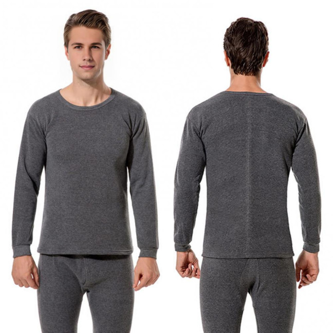 2Pcs/Set Men Warm Lounge Set O-Neck Long Sleeve Plush Lining Tops Elastic Waist Long Pants Set Solid Color Pajamas Set