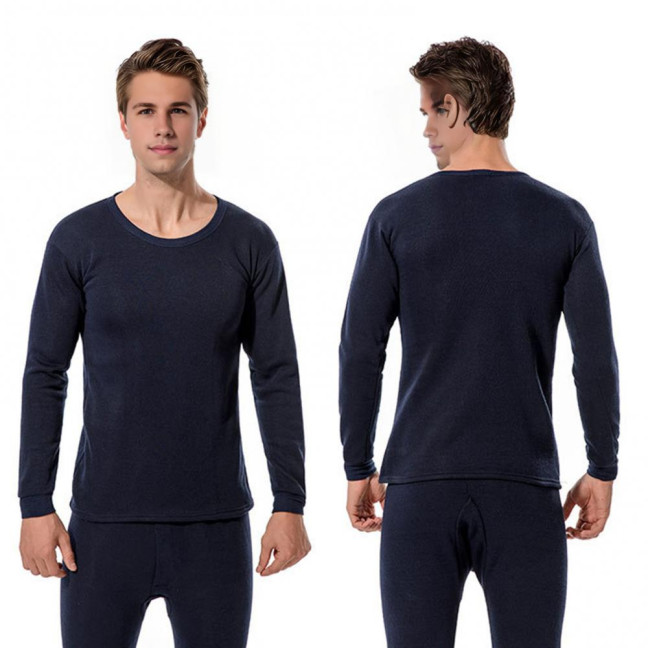 2Pcs/Set Men Warm Lounge Set O-Neck Long Sleeve Plush Lining Tops Elastic Waist Long Pants Set Solid Color Pajamas Set