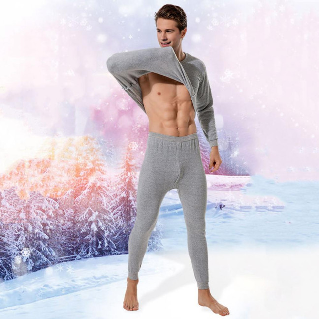 2Pcs/Set Men Warm Lounge Set O-Neck Long Sleeve Plush Lining Tops Elastic Waist Long Pants Set Solid Color Pajamas Set