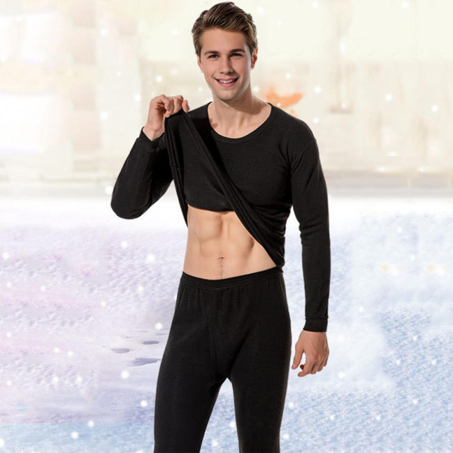 2Pcs/Set Men Warm Lounge Set O-Neck Long Sleeve Plush Lining Tops Elastic Waist Long Pants Set Solid Color Pajamas Set