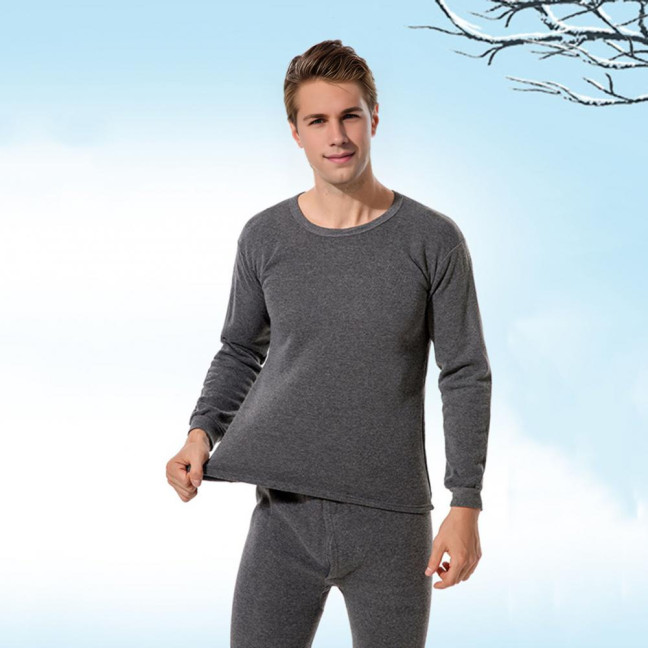 2Pcs/Set Men Warm Lounge Set O-Neck Long Sleeve Plush Lining Tops Elastic Waist Long Pants Set Solid Color Pajamas Set