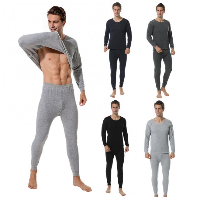 2Pcs/Set Men Warm Lounge Set O-Neck Long Sleeve Plush Lining Tops Elastic Waist Long Pants Set Solid Color Pajamas Set