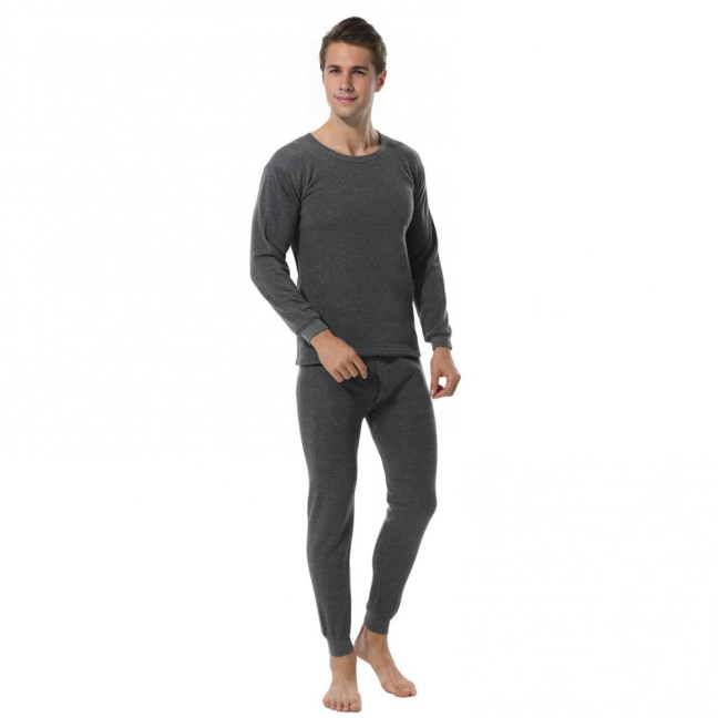 2Pcs/Set Men Warm Lounge Set O-Neck Long Sleeve Plush Lining Tops Elastic Waist Long Pants Set Solid Color Pajamas Set